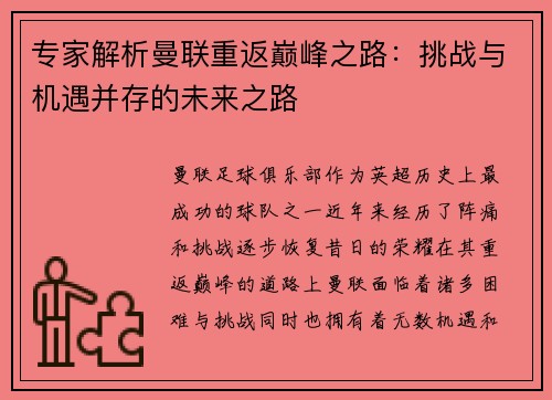 专家解析曼联重返巅峰之路：挑战与机遇并存的未来之路