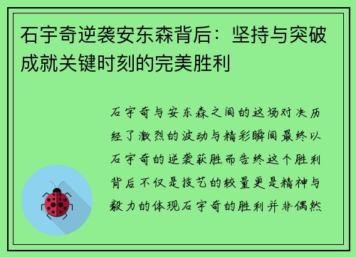 石宇奇逆袭安东森背后：坚持与突破成就关键时刻的完美胜利