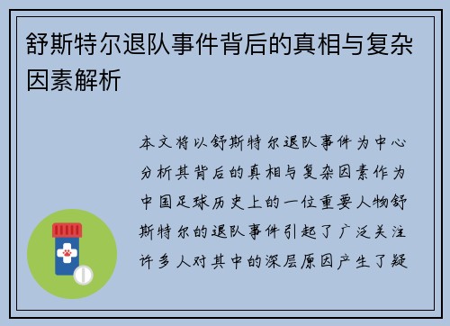 舒斯特尔退队事件背后的真相与复杂因素解析 舒斯特尔退队事件背后的真相与复杂因素解析